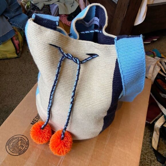 Anthropologie Handbags - Sophie Anderson Lilla Hand Crocheted Pom Pom Drawstring Bucket Bag Beach Anthrop